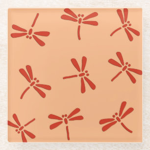Japanese Dragonfly Pattern, Mandarin Orange Glass Coaster