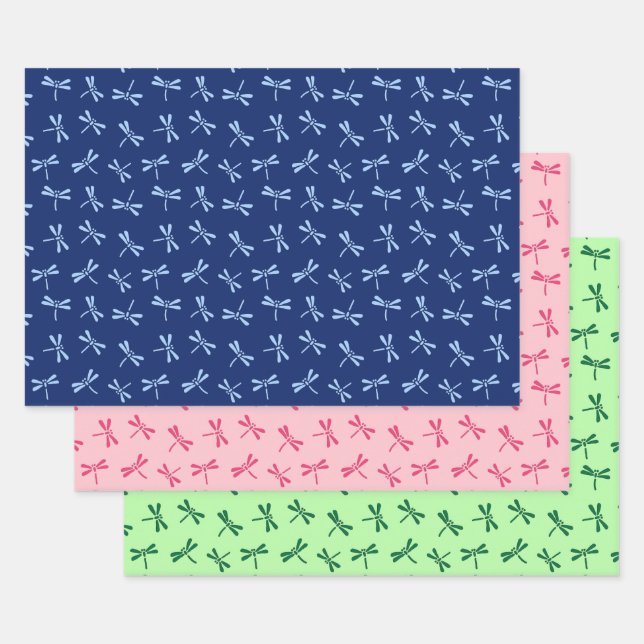 Japanese Dragonfly Pattern, Navy. Coral, Green Wrapping Paper Sheet (Set)