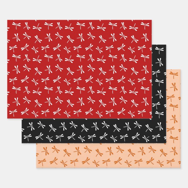 Japanese Dragonfly Pattern, Red, Black, Orange Wrapping Paper Sheet (Set)