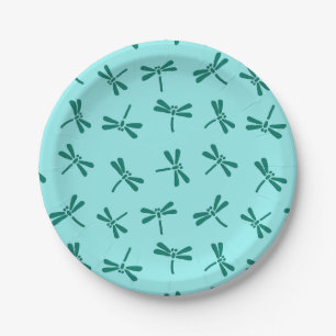 Japanese Dragonfly Pattern, Turquoise and Aqua Paper Plate