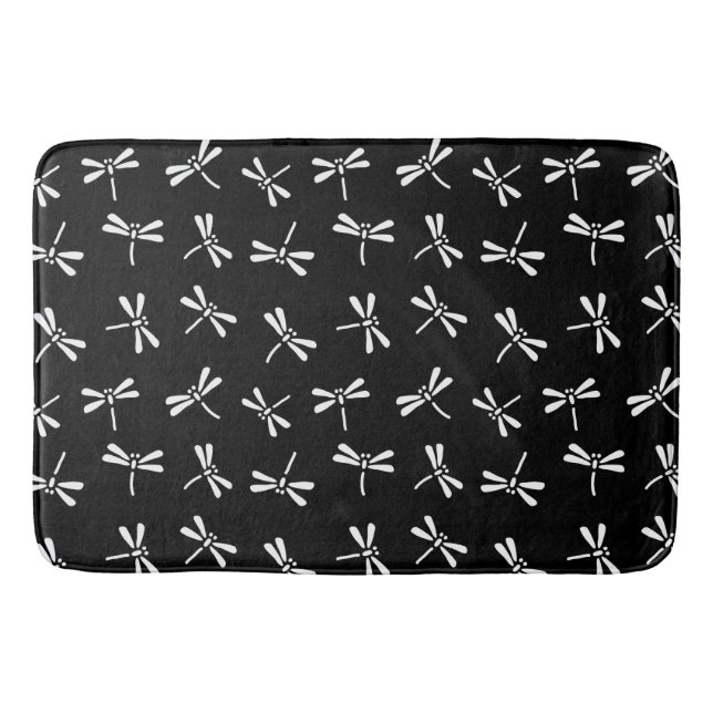 Japanese Dragonfly Pattern, White and Black Bath Mat (Front)