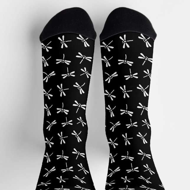 Japanese Dragonfly Pattern, White on Black  Socks (Top)