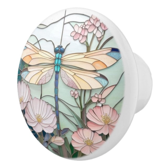 Japanese Dragonfly Stained Glass Art Deco Nouveau Ceramic Knob (Right)