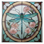 Japanese Dragonfly Stained Glass Deco Art Nouveau Tile<br><div class="desc">pastel mint blue dragonflies bugs, vintage antique traditional japanese, stylish dragonfly insects art, classy classic dragon flies, beautiful art nouveau nature, pretty flower floral flowers, light pink asian flowers, oriental stain stained glass decor, chinese art deco wildlife, flying insect flight bug</div>