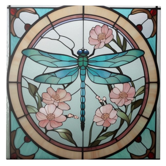 Japanese Dragonfly Stained Glass Deco Art Nouveau Tile (Front)