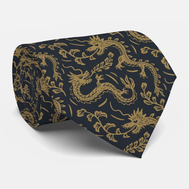 Japanese dragons block print black and golden tie (Rolled)