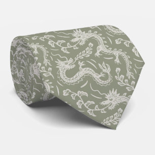 Japanese dragons block print sage green tie