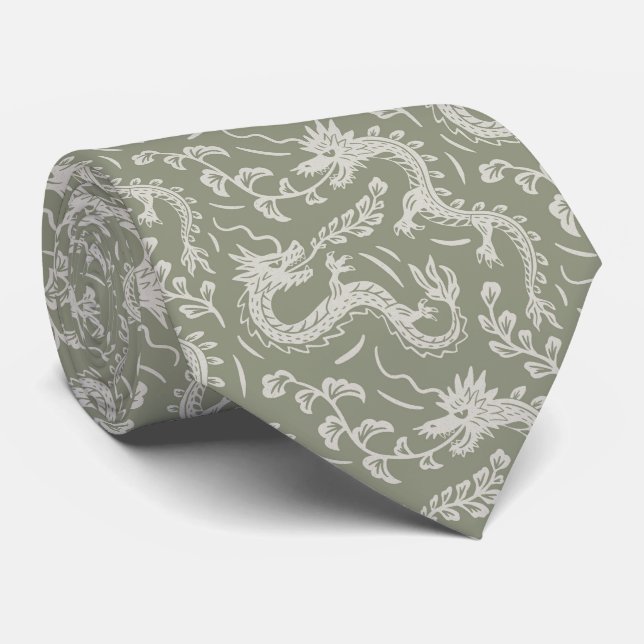 Japanese dragons block print sage green tie (Rolled)
