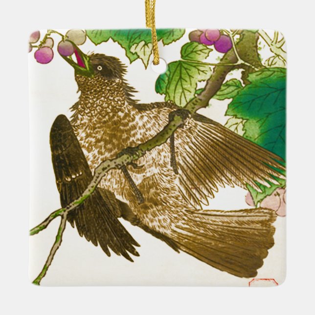 Japanese Drawing of Jay on a Grape Vine Ceramic Or Ceramic Ornament (Front)