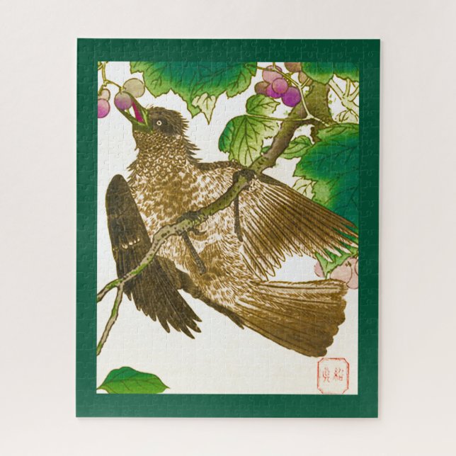 Japanese Drawing of Jay on a Grape Vine Jigsaw Puzzle (Vertical)