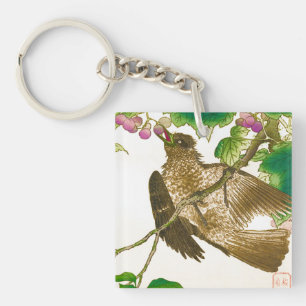 Japanese Drawing of Jay on a Grape Vine Key Ring