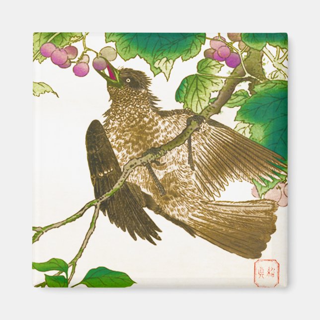 Japanese Drawing of Jay on a Grape Vine Magnet (Front)