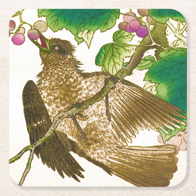 Japanese Drawing of Jay on a Grape Vine Square Paper Coaster (Front)