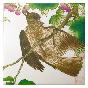 Japanese Drawing of Jay on a Grape Vine Tile