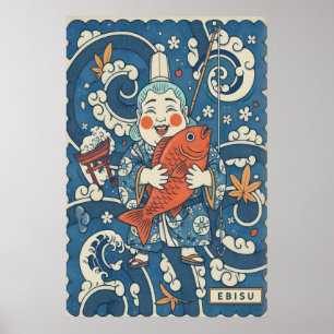 Japanese Ebisu Wall Art Smiling God with Fish and