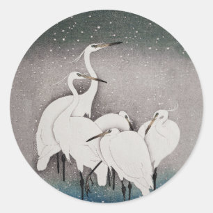 Japanese Egrets Cranes Bird Winter Snow Art Classic Round Sticker