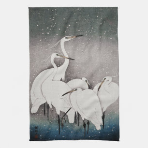 Japanese Egrets Cranes Bird Winter Snow Art Tea Towel