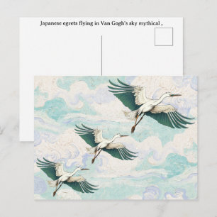 Japanese egrets flying in Van Gogh's sky Postcard