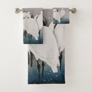 Japanese Egrets Koson Cranes Winter Snow Bath Towel Set
