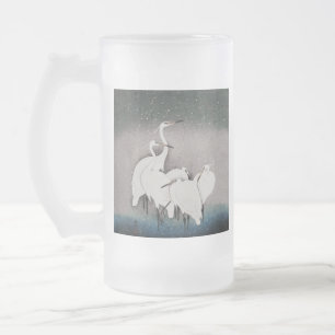 Japanese Egrets Koson Cranes Winter Snow Frosted Glass Beer Mug