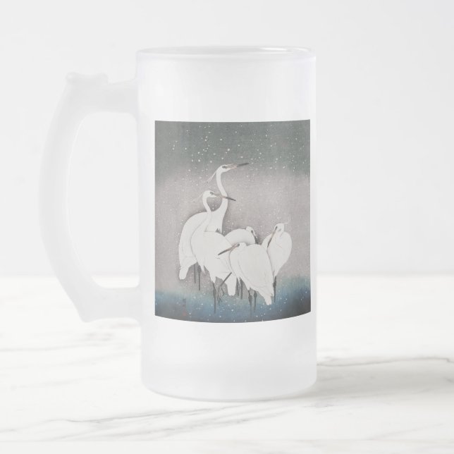 Japanese Egrets Koson Cranes Winter Snow Frosted Glass Beer Mug (Left)
