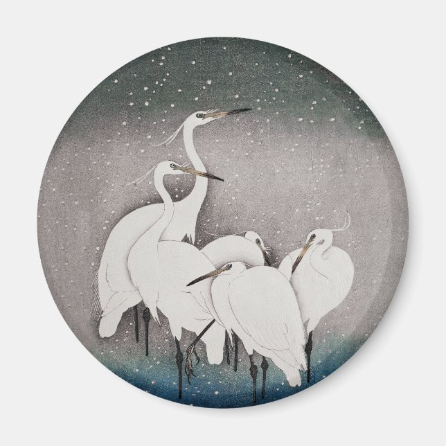 Japanese Egrets Koson Cranes Winter Snow Magnet (Front)