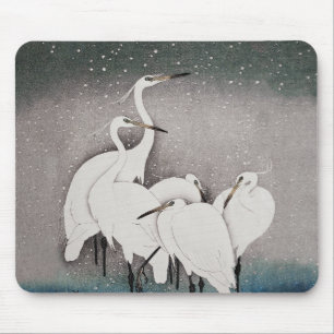 Japanese Egrets Koson Cranes Winter Snow Mouse Mat