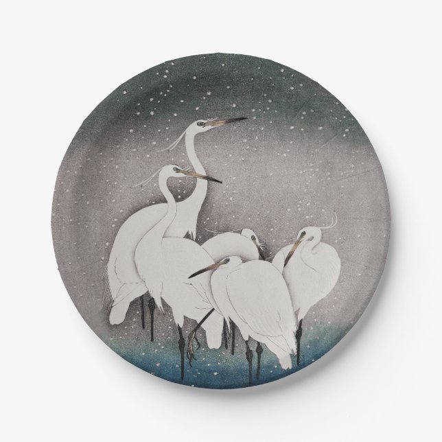 Japanese Egrets Koson Cranes Winter Snow Paper Plate (Front)