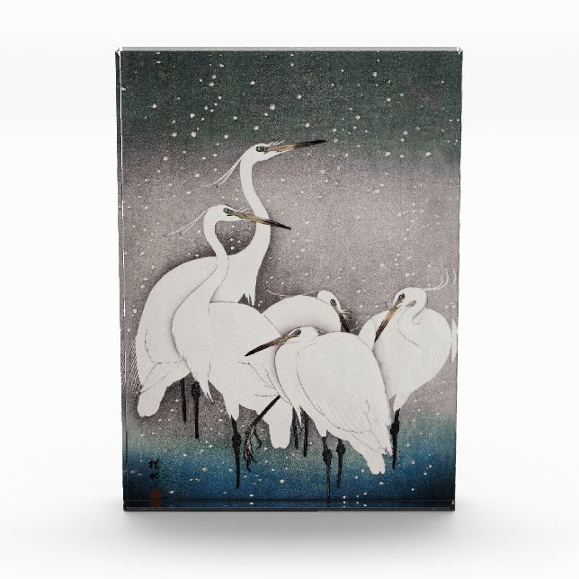 Japanese Egrets Koson Cranes Winter Snow Photo Block (Front)