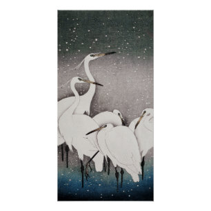 Japanese Egrets Koson Cranes Winter Snow Poster