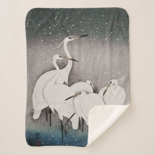 Japanese Egrets Koson Cranes Winter Snow Sherpa Blanket