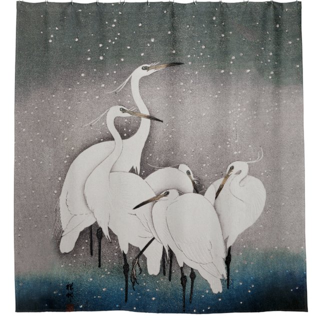 Japanese Egrets Koson Cranes Winter Snow Shower Curtain (Front)