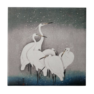 Japanese Egrets Koson Cranes Winter Snow Tile