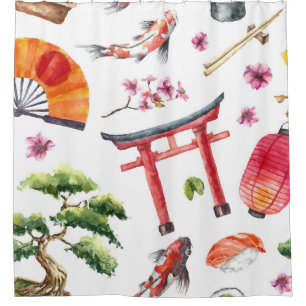 Japanese Elements Watercolor Seamless Texture Shower Curtain