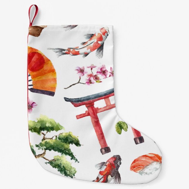 Japanese Elements Watercolor Seamless Texture Small Christmas Stocking (Front)