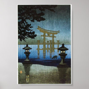 Japanese Evening Rain Art Woodblock Ukiyo-E Poster