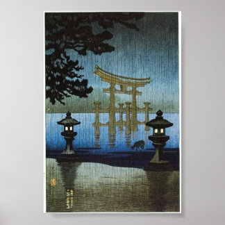 Japanese Evening Rain Art Woodblock Ukiyo-E Poster