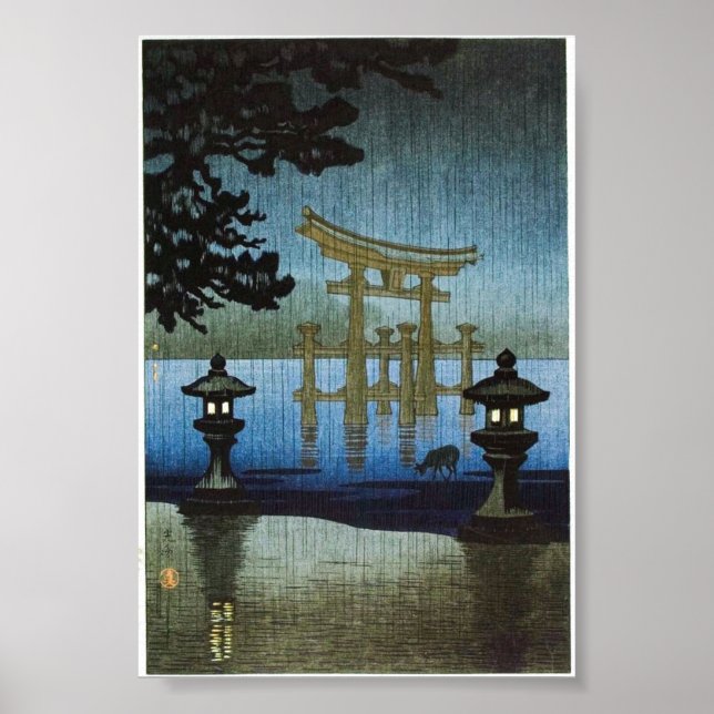 Japanese Evening Rain Art Woodblock Ukiyo-E Poster (Front)