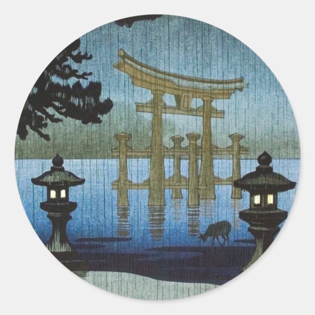 Japanese Evening Rain Woodblock Art Ukiyo-e Classic Round Sticker (Front)