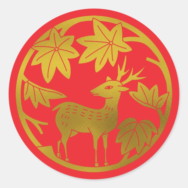 Japanese Family Crest-Japanese maple and deer Classic Round Sticker (Front)