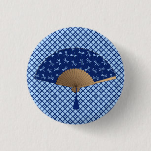 Japanese Fan, Dragonfly Pattern, Cobalt Blue 3 Cm Round Badge