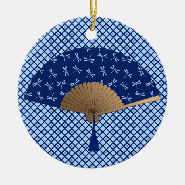 Japanese Fan, Dragonfly Pattern, Cobalt Blue Ceramic Tree Decoration (Front)