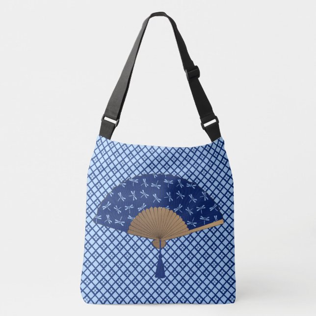 Japanese Fan, Dragonfly Pattern, Cobalt Blue Crossbody Bag (Front)