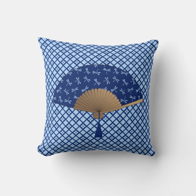 Japanese Fan, Dragonfly Pattern, Cobalt Blue Cushion (Front)