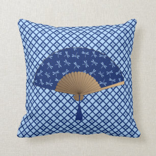 Japanese Fan, Dragonfly Pattern, Cobalt Blue Cushion