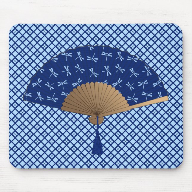 Japanese Fan, Dragonfly Pattern, Cobalt Blue Mouse Mat (Front)