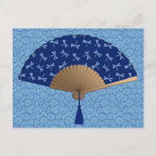 Japanese Fan, Dragonfly Pattern, Cobalt Blue Postcard