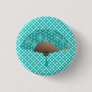 Japanese Fan in Asanoha pattern, Turquoise & Aqua 3 Cm Round Badge