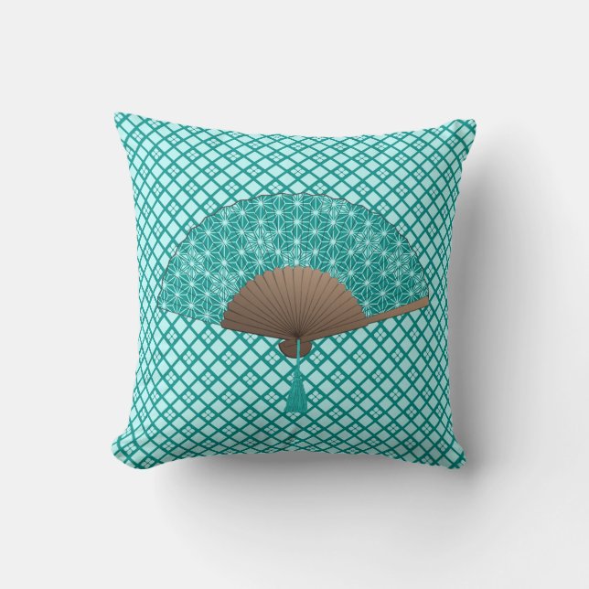 Japanese Fan in Asanoha pattern, Turquoise Cushion (Front)