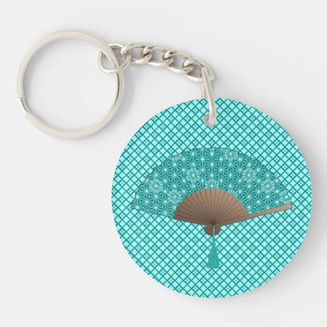 Japanese Fan in Asanoha pattern, Turquoise Keychai Key Ring (Front)